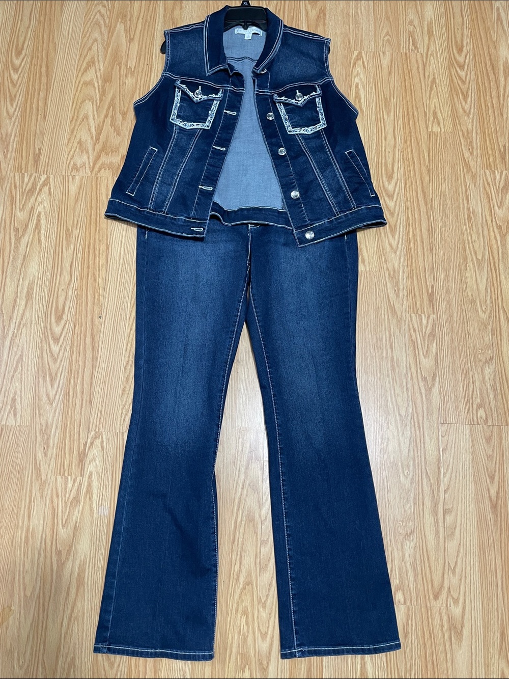 Dark Blue Denim Vest with Decorative Pockets - Women